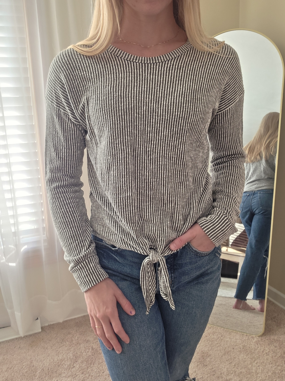 Striped Tie-Front Long Sleeve Top
